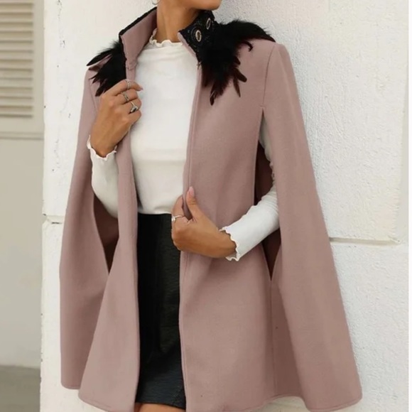 Classic gray Open Front Feather Trim Cape Jacket - Picture 5 of 11